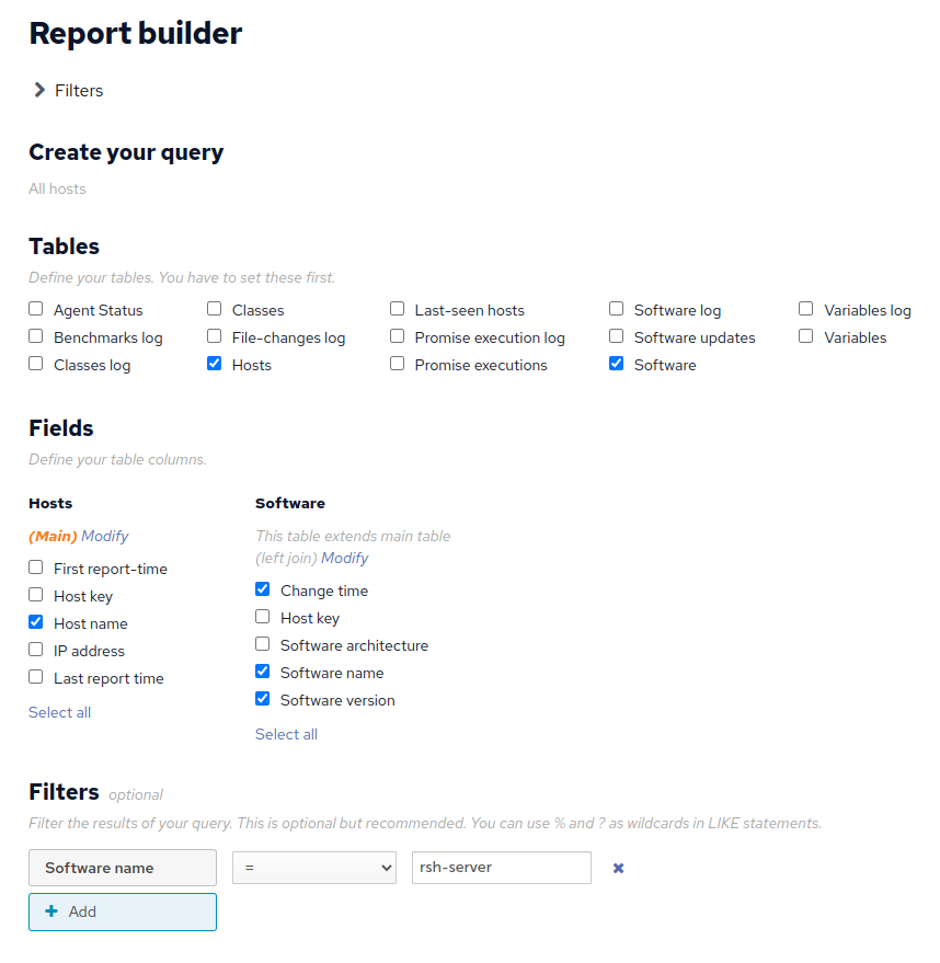 Report Builder to find hosts with rsh-server