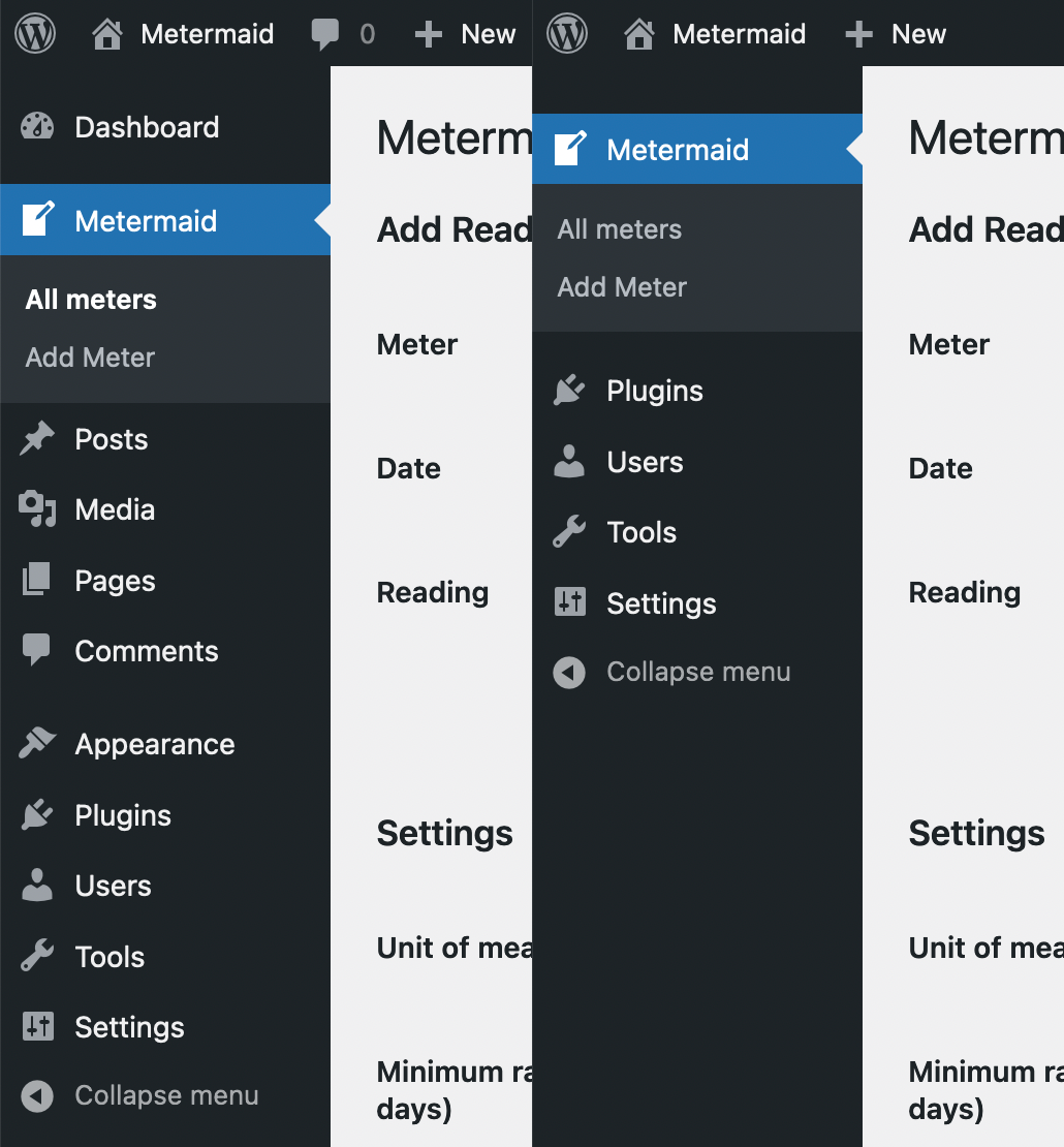 "A side-by-side view of the wp-admin menu bar before and after installing Not A Blog. In the After view, all of the blogging-related menu items have been removed."