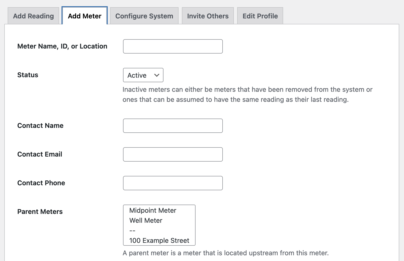 The "Add Meter" form. It has fields for meter name, contact info, and parent meters and child meters if you've already added other meters.