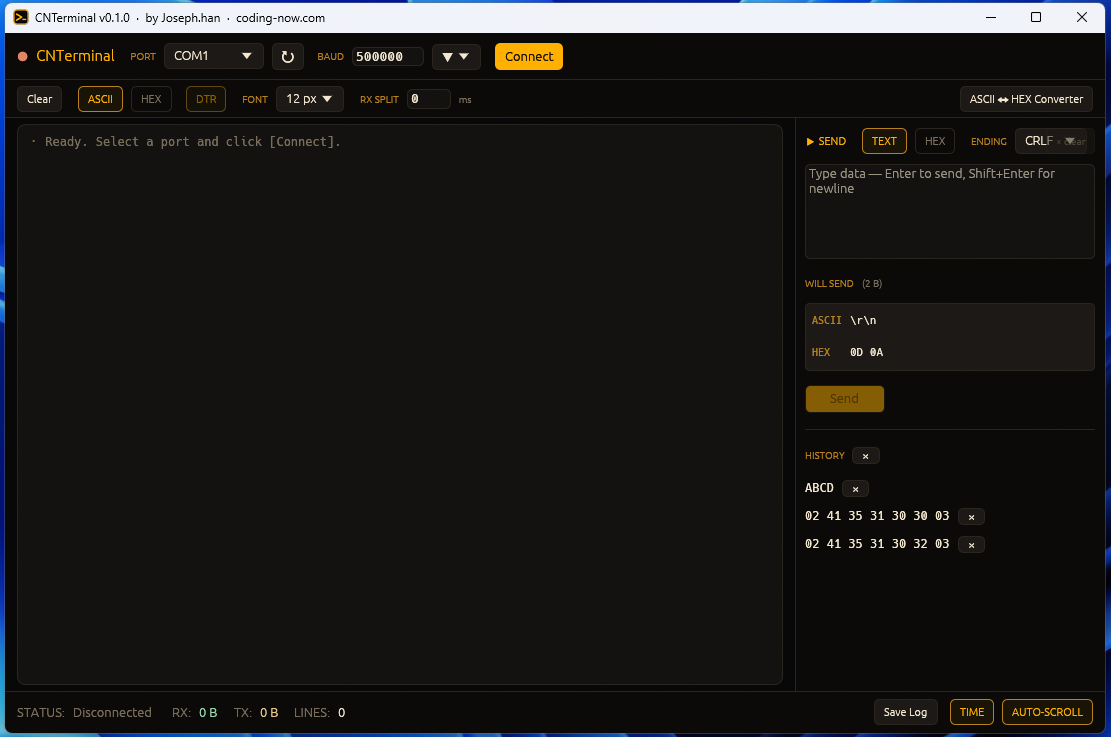CNTerminal main window — serial I/O console with HEX conversion