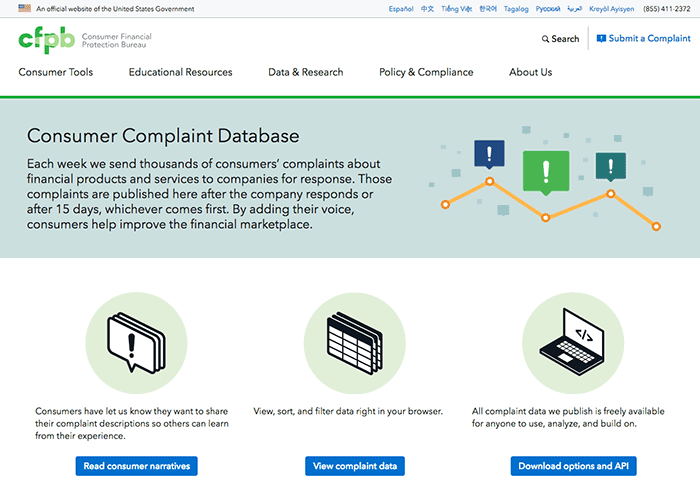 Consumer Complaint Database website screenshot