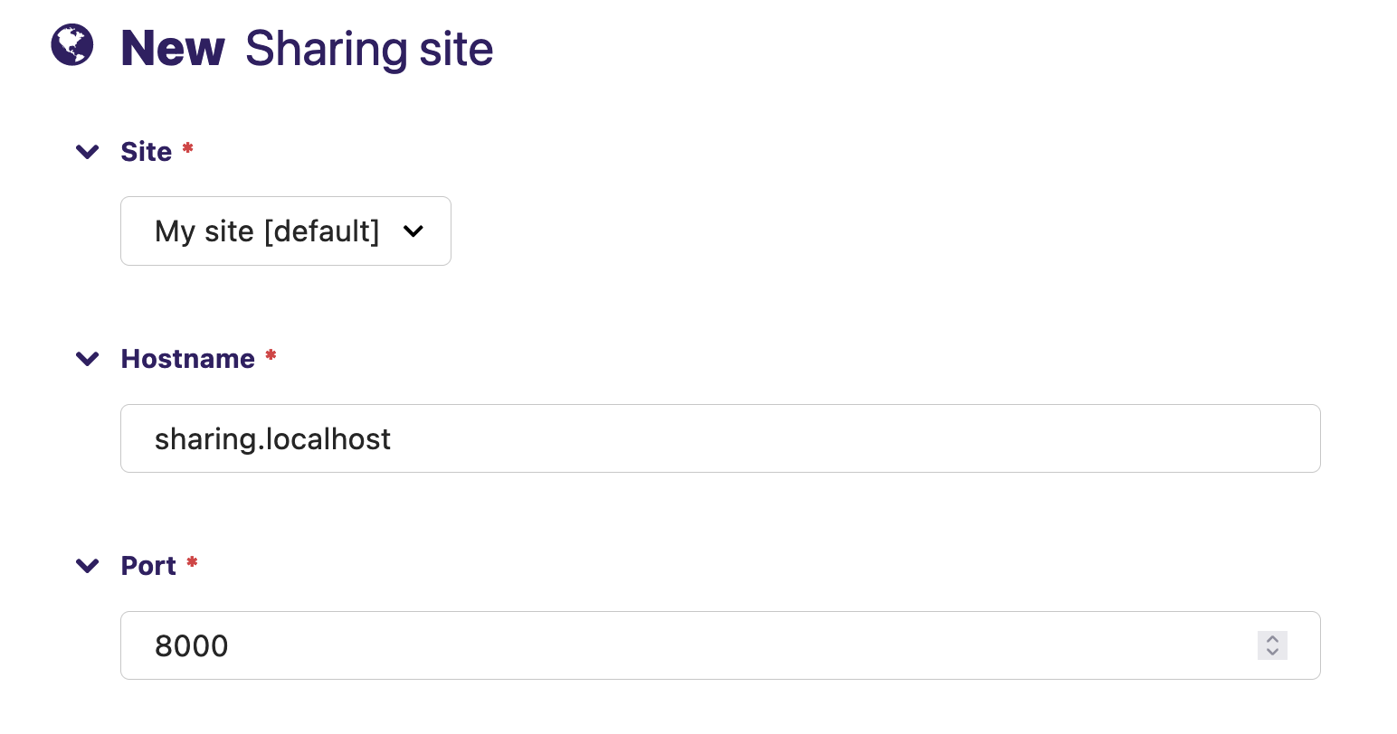 New sharing site with site: "localhost [default]", hostname: "sharing.localhost", port: "8000"