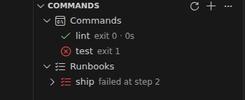Commands view: lint and test passed with exit 0, runbook failed at step 2