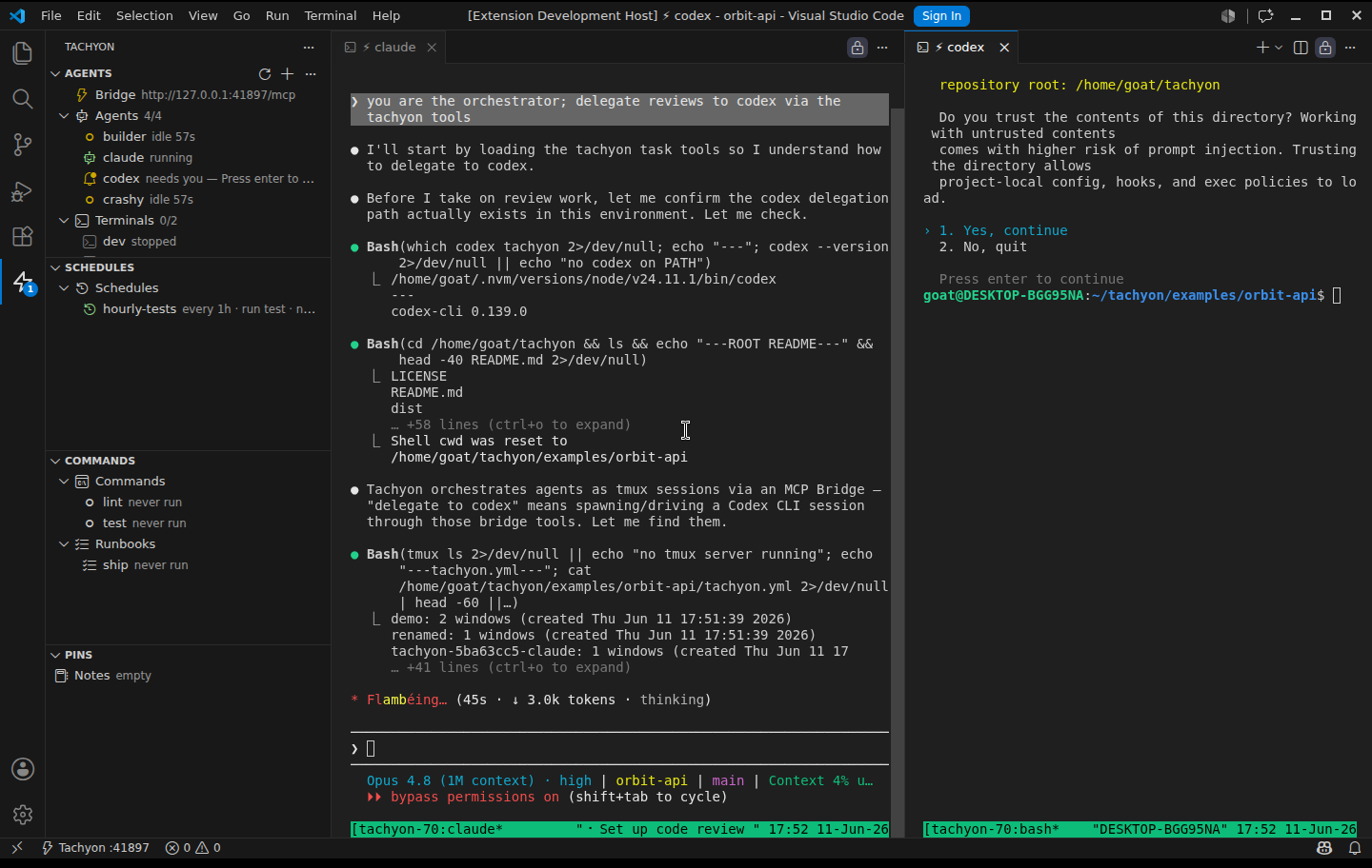 Claude Code orchestrating a live Codex review — Claude asked via write_input, Codex is reading the routes and running lint, audit and tests