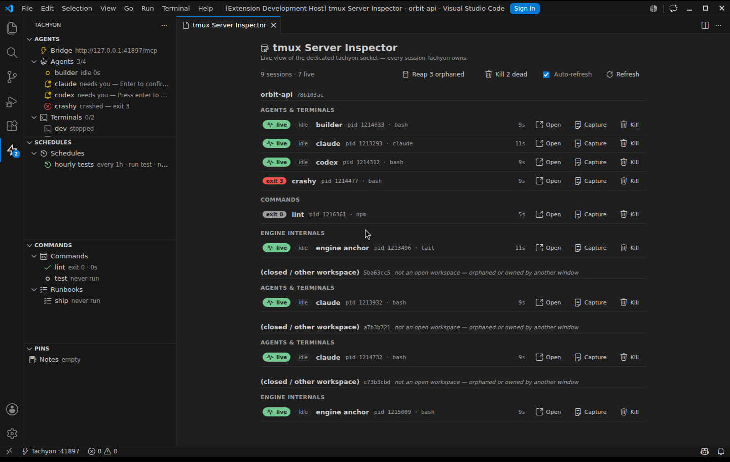 tmux Server Inspector: every session on the dedicated tachyon socket, grouped by workspace then kind, with live/exit-code badges, pid and command, and per-session Capture / Kill