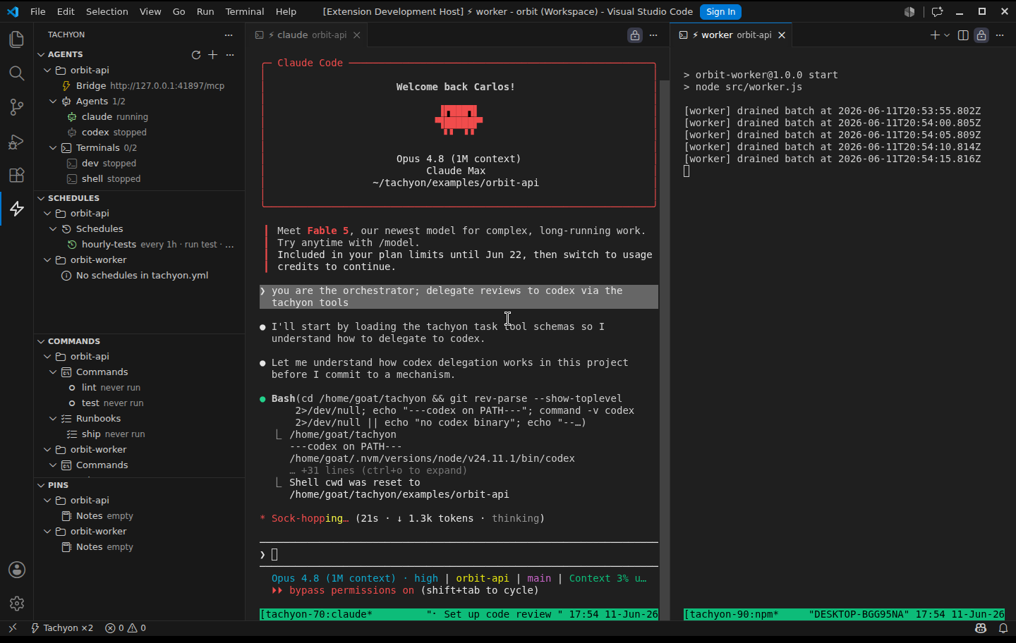 Two folders in one window, each with its own Bridge on a different port, own agents, commands and pins — status bar shows Tachyon ×2