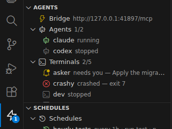 Sidebar with four live states: needs you, running, crashed — exit 7, idle