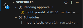 Schedules sidebar view: a pending agent proposal awaiting approval, and an active (paused) schedule