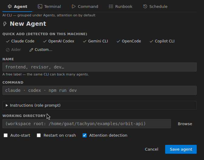 Agent Studio — Agent tab: quick-add chips for detected CLIs, command, instructions, working dir, autostart/restart/attention