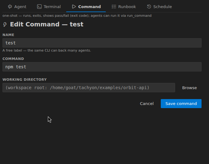 Agent Studio — Command tab: a one-shot command (npm test)