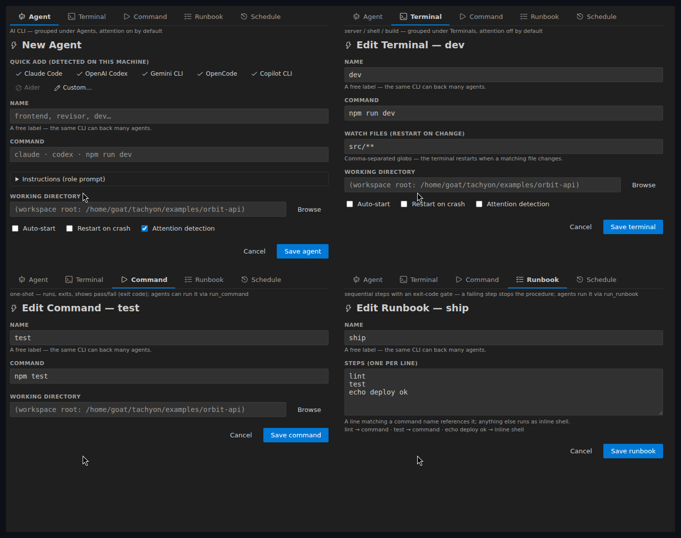 Agent Studio — the four tabs (Agent, Terminal, Command, Runbook) on the orbit-api demo