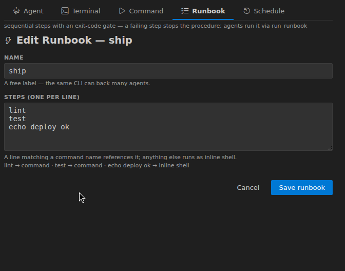 Agent Studio — Runbook tab: steps one per line with live command-vs-shell resolution