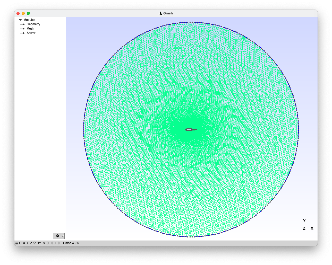 GMSH user interface with the 2D mesh