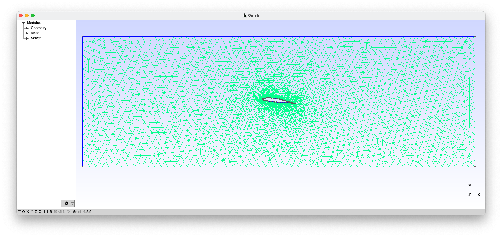 GMSH user interface with the 2D mesh, rectangular box