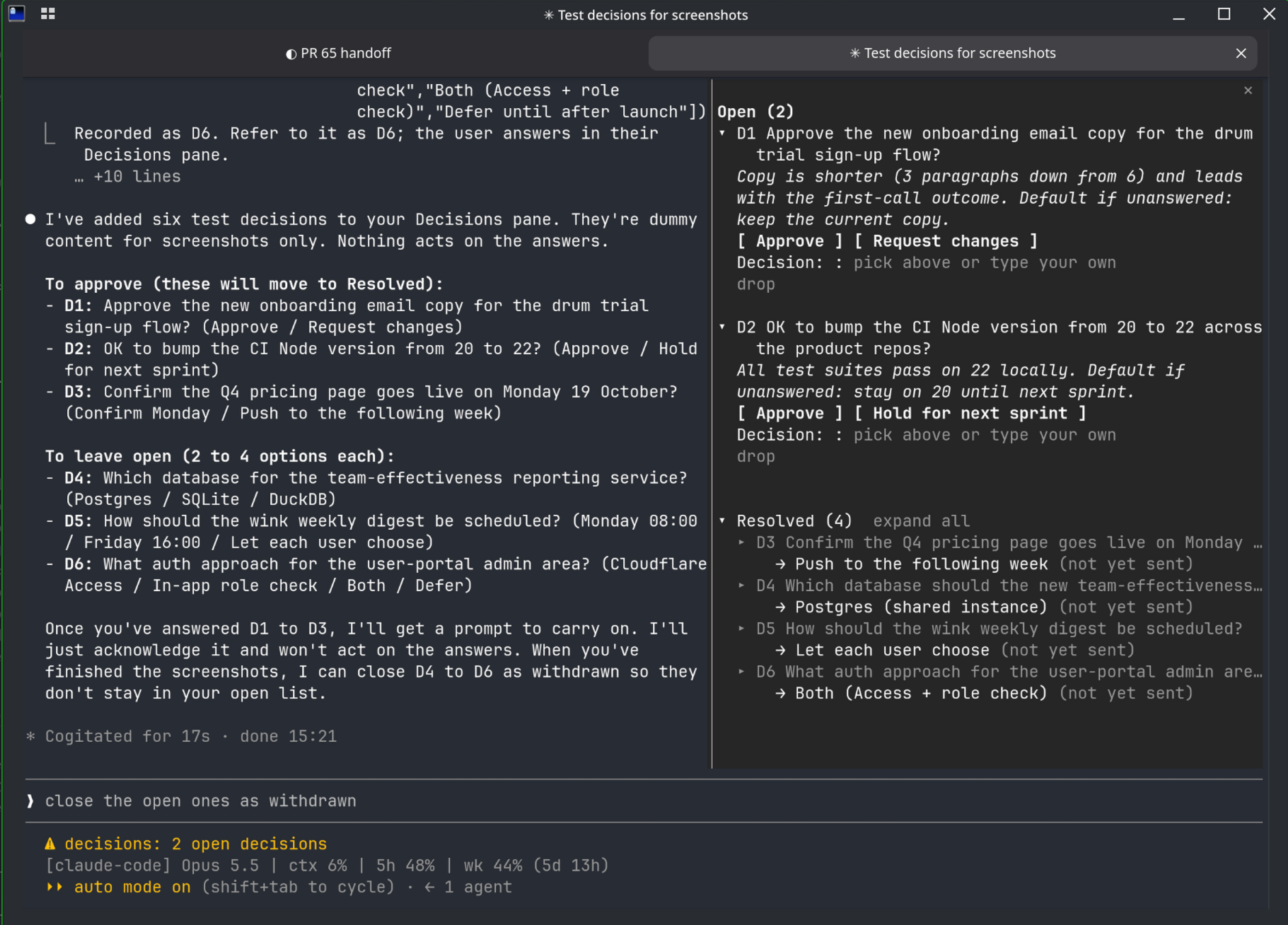 The decisions pane beside a Claude Code session, with two open decisions and four resolved ones