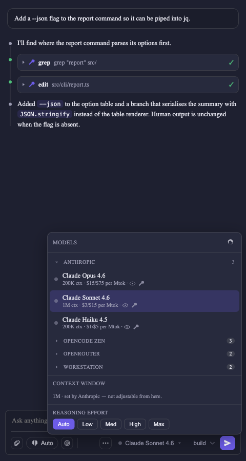 Model picker with provider groups collapsed except the current model's, showing context window, price per million tokens and capability badges
