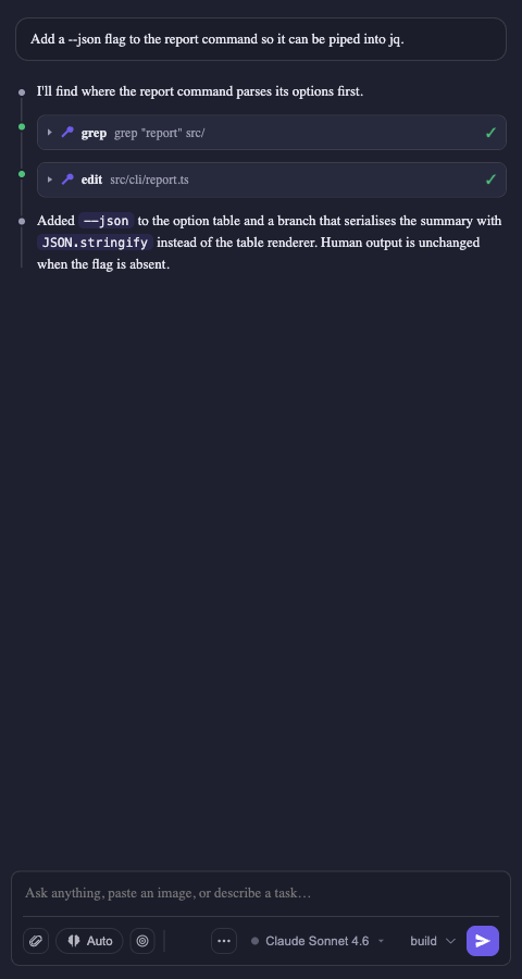 The agent working through a task in the side bar, with expandable tool cards for each step