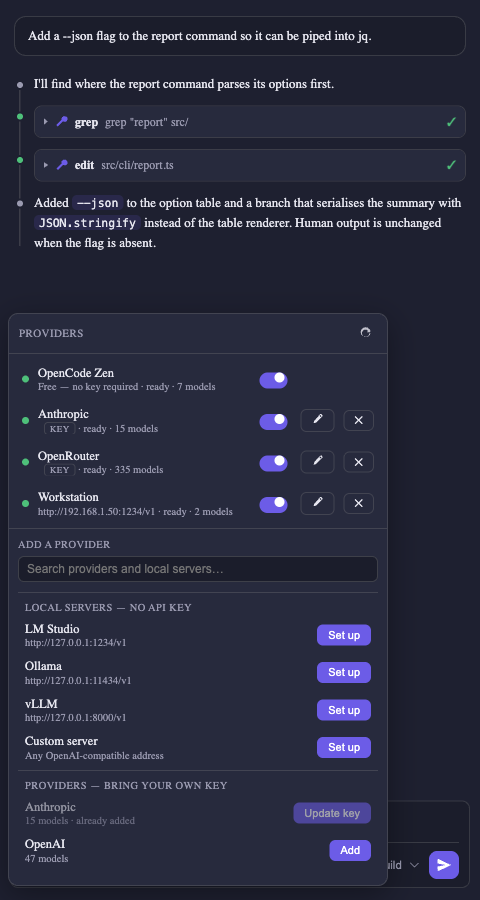 Providers panel showing OpenCode Zen, Anthropic, OpenRouter and a local LM Studio server, each with an enable switch, above a single search that adds either an API-key provider or a local server