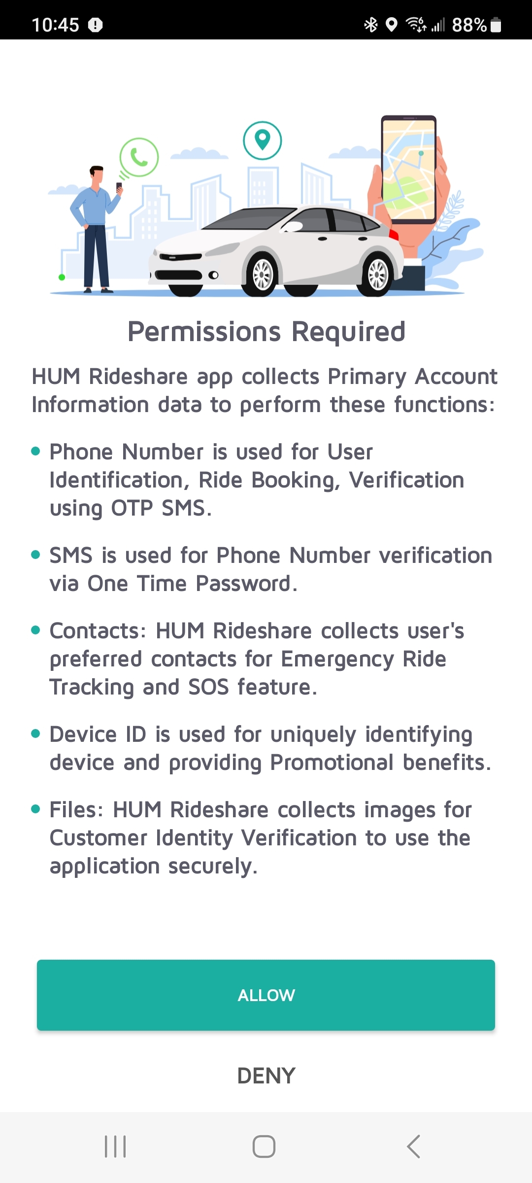 HUM Driver app permissions screen — phone number for identification and OTP verification, SMS for one-time password, contacts for emergency ride tracking and SOS, device ID for identification and promotional benefits, files for customer identity verification