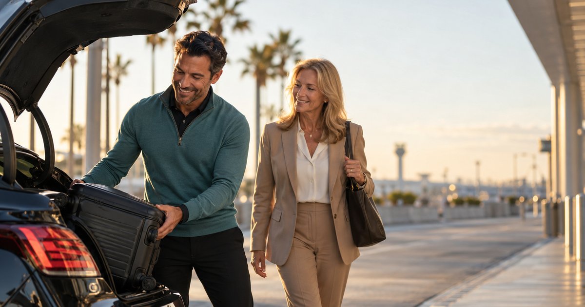 A private driver loads a client's suitcase into his car at an airport curb at sunrise while his client walks up smiling