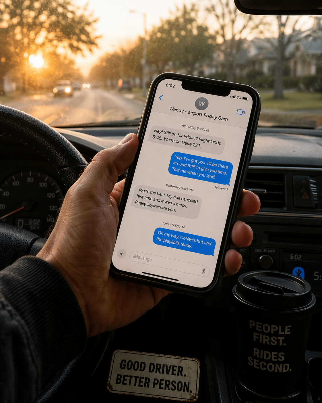 A HUM driver checking a message on his phone