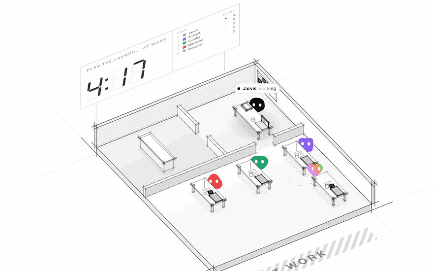 A job drawn as an office, the camera coming down over it: the bots work at their desks, the report comes back, DONE is stamped on the floor and every bot leaps and throws its papers
