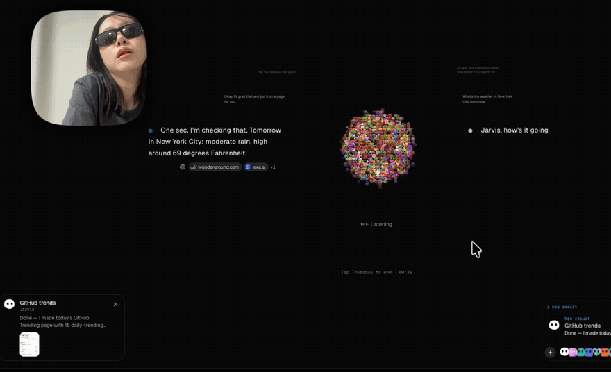 A live call: asked "Jarvis, how's it going?", she checks on the bot's job and says the GitHub Trending page is done