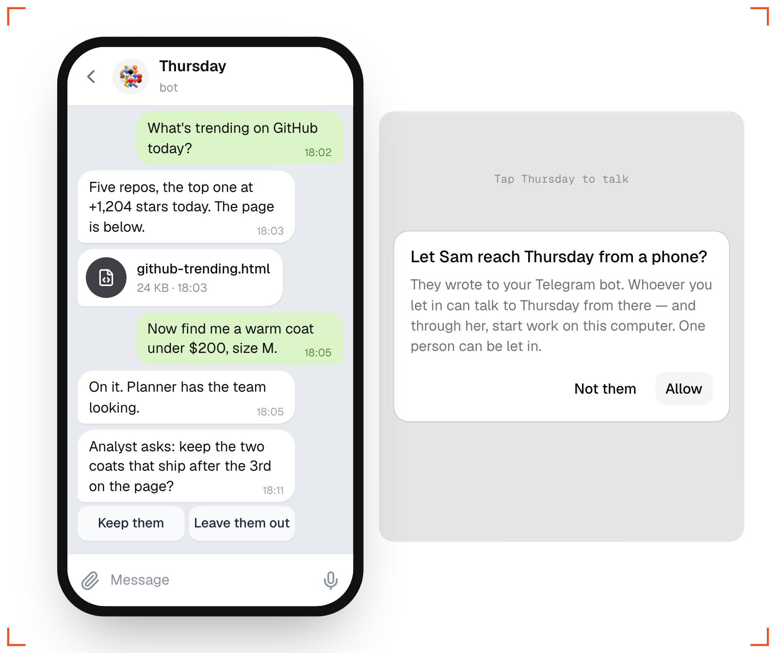 A chat with Thursday on a phone: a page sent back, and a bot's question as two buttons