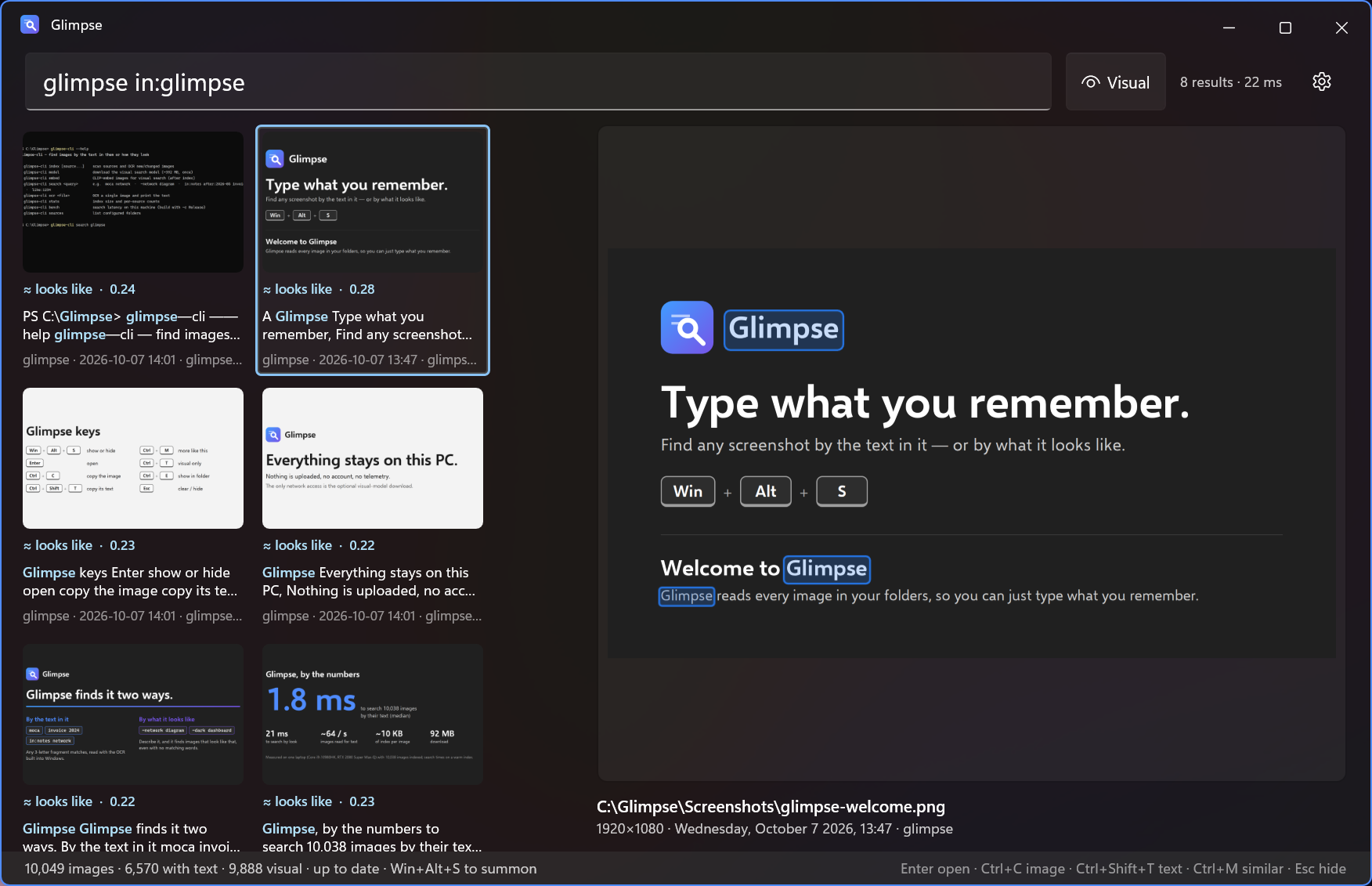 Glimpse searching for "glimpse in:glimpse": a grid of matching screenshots, the selected one previewed with every occurrence of the word Glimpse outlined