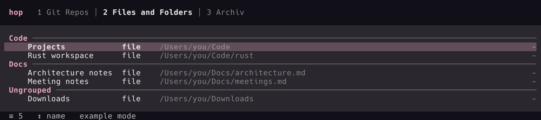 hop files and folders tab