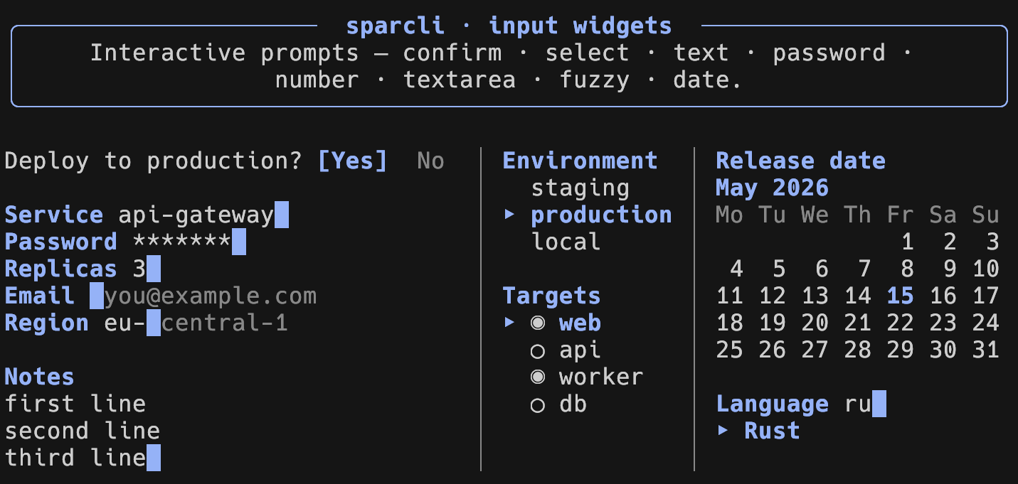 sparcli input widgets