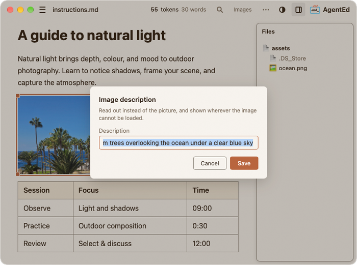 AgentEd showing an illustrated natural-light photography guide with a photograph and a session table.