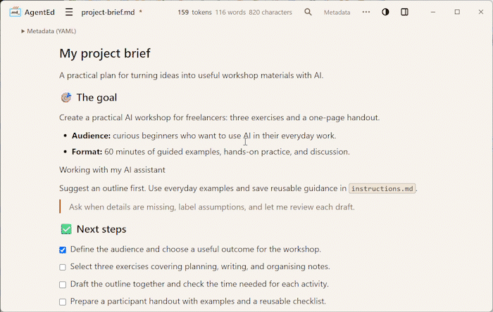 AgentEd editing a project brief: visual formatting, checklist items, YAML frontmatter, and a live token estimate.