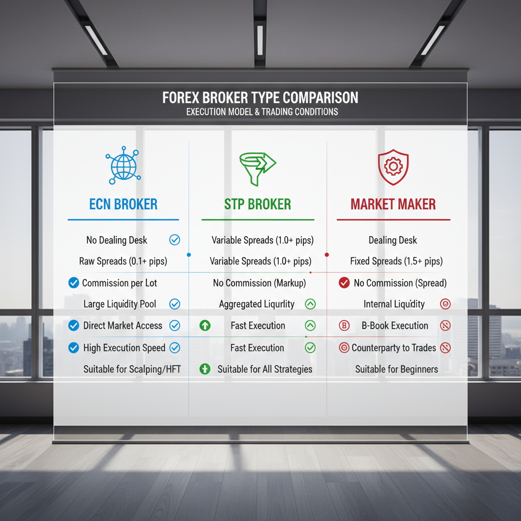 Different types of forex brokers: Market Makers, ECN and STP with visual comparison