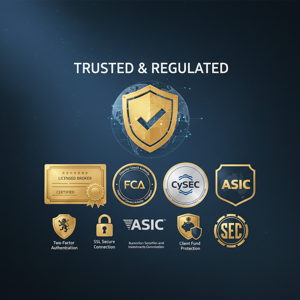 Security and regulation concept in forex trading with financial regulatory badges