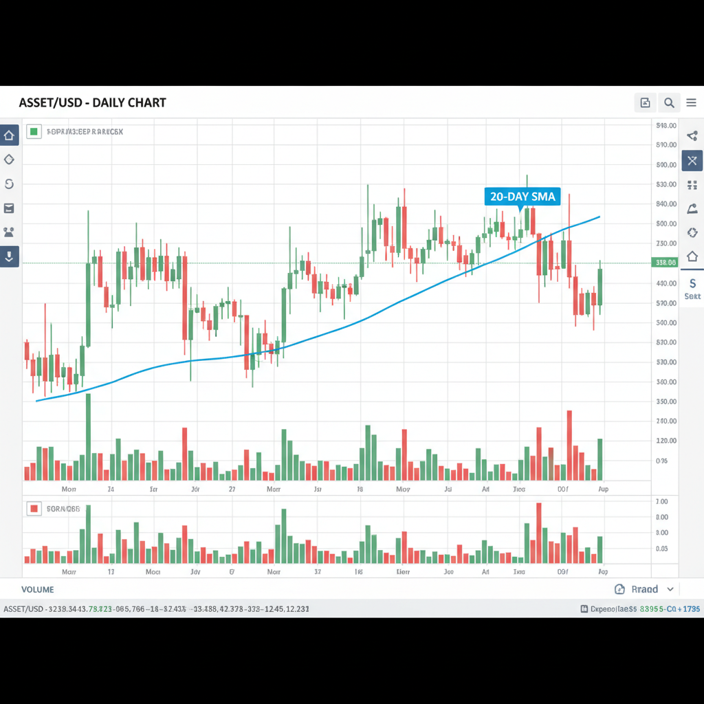 Chart showing simple moving average SMA with calculation of closing price averages for different periods and showing how it gives equal weight to each price point