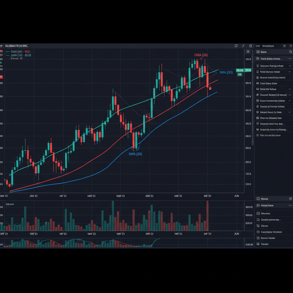 Chart comparing simple moving average (SMA) and exponential moving average (EMA) showing how EMA responds more to recent prices