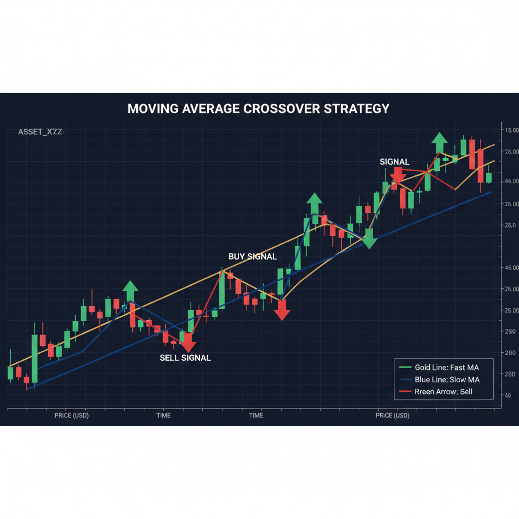 Chart showing moving averages crossover strategy with buy and sell signals and showing the actual crossover point