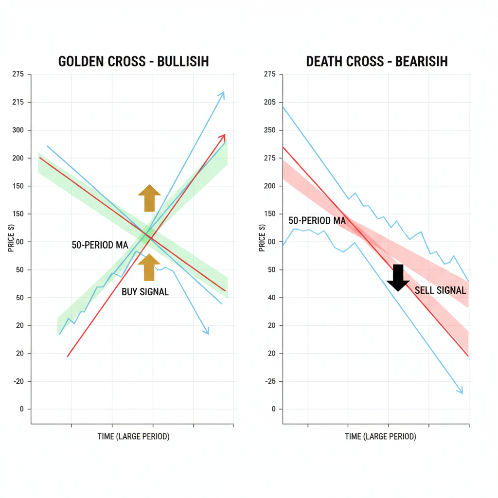 Chart showing golden cross and death cross signals using 50 and 200 period moving averages with crucial crossover point