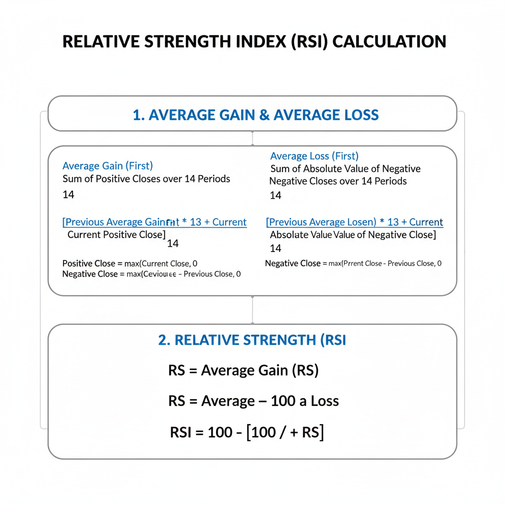 Chart showing calculation of Relative Strength Index RSI with mathematical formula explaining how positive and negative average works