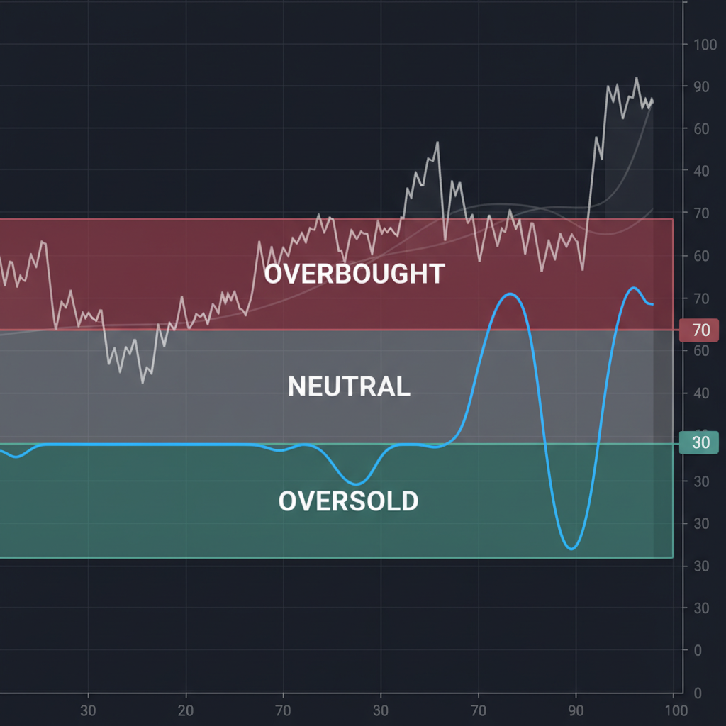 Chart showing overbought conditions RSI above 70 and oversold RSI below 30 with practical examples on the chart