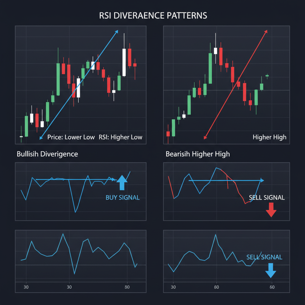 Chart showing divergence patterns in RSI indicator bullish divergence and bearish divergence with entry and exit points