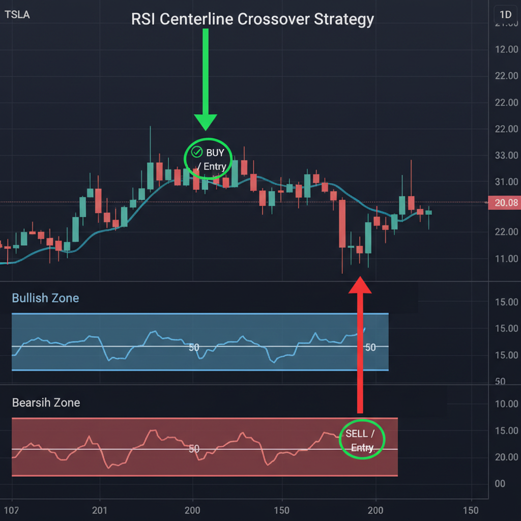 Chart showing centerline 50 crossover in RSI indicator with signals of momentum shift bullish and bearish
