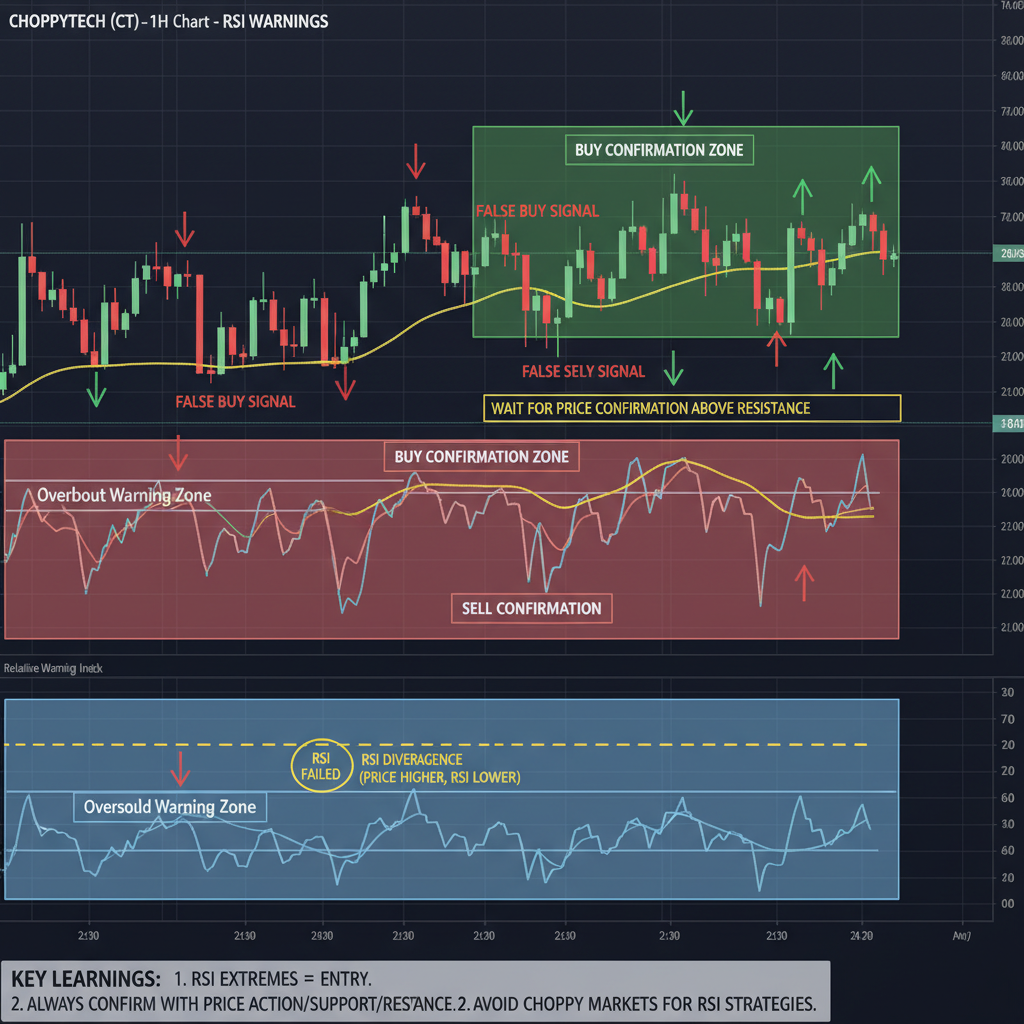 Chart showing common mistakes in using RSI indicator with warning signals and tips to avoid them