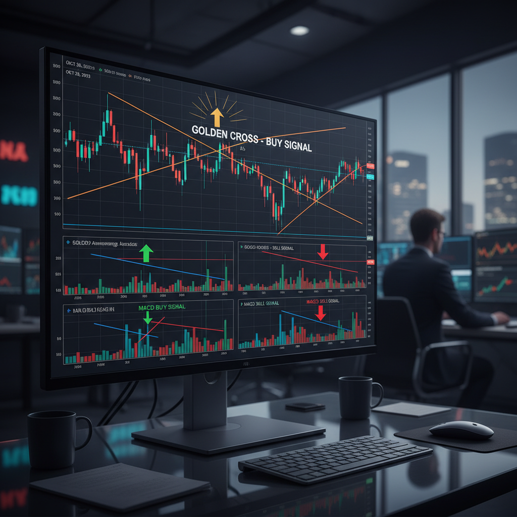 Chart showing various MACD indicator signals: main line crossover with signal line and MACD histogram