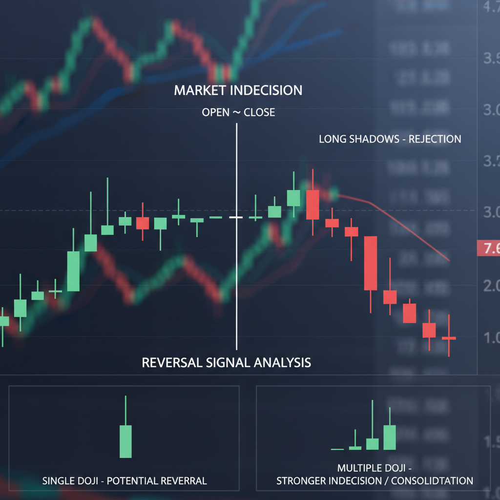 Chart showing doji candlestick pattern and its importance in identifying reversal points