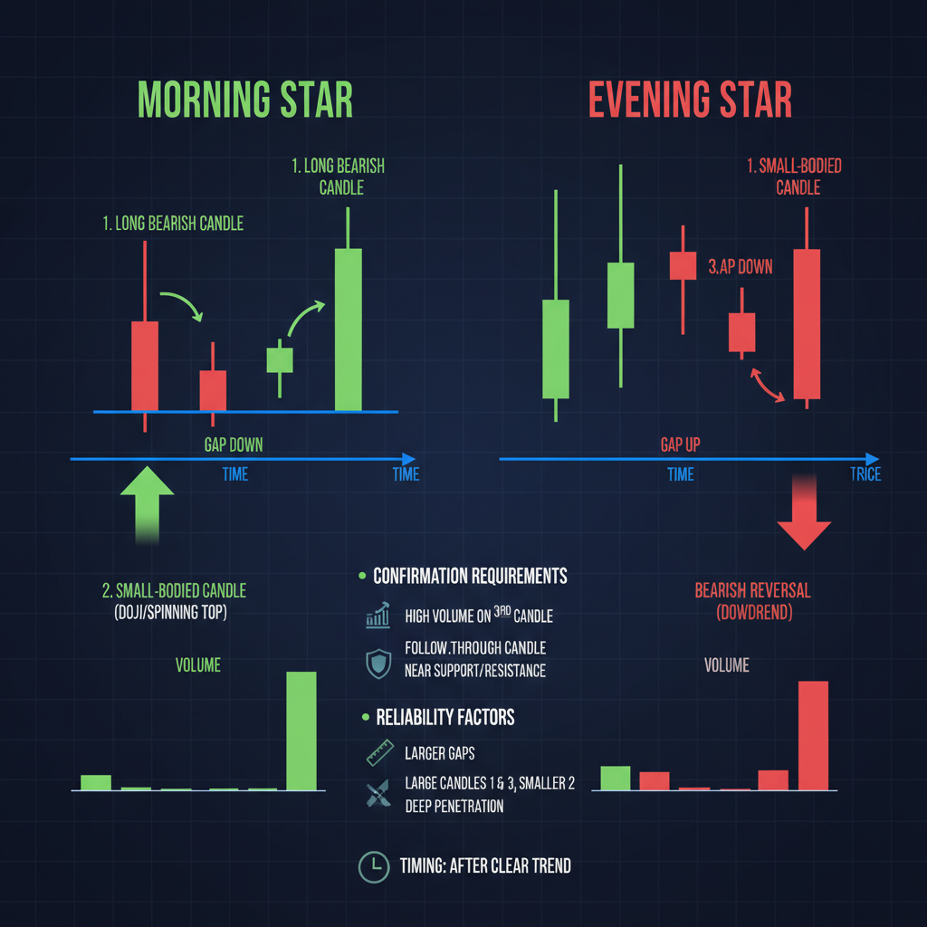 Chart showing morning star and evening star patterns in Japanese candlesticks