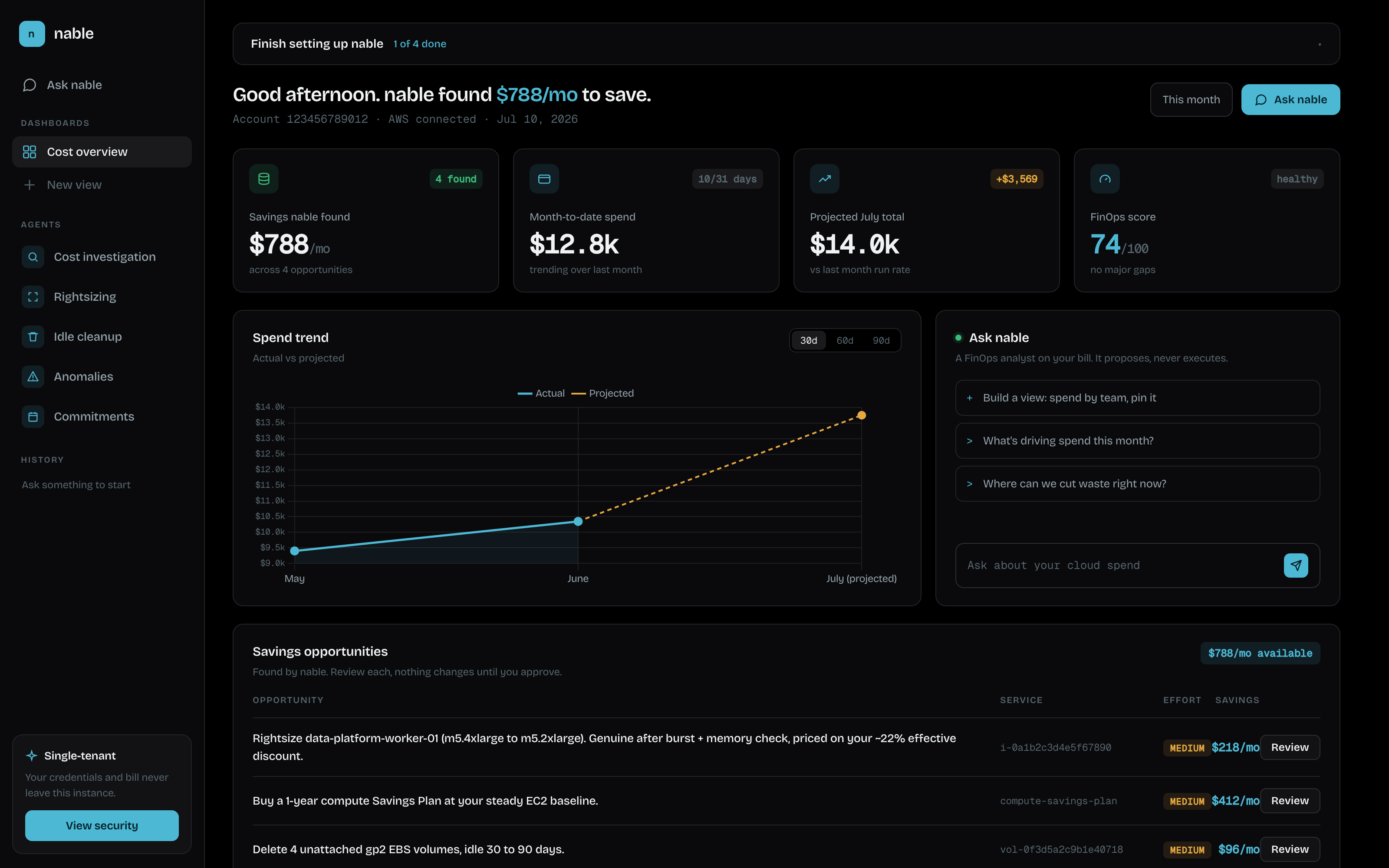 nable dashboard: month-to-date spend, projected total, FinOps score, and ranked savings opportunities