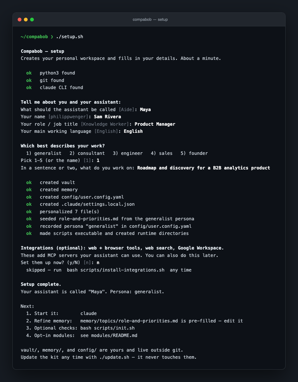 Running ./setup.sh: Compabob asks a few questions, then scaffolds your workspace in about a minute.