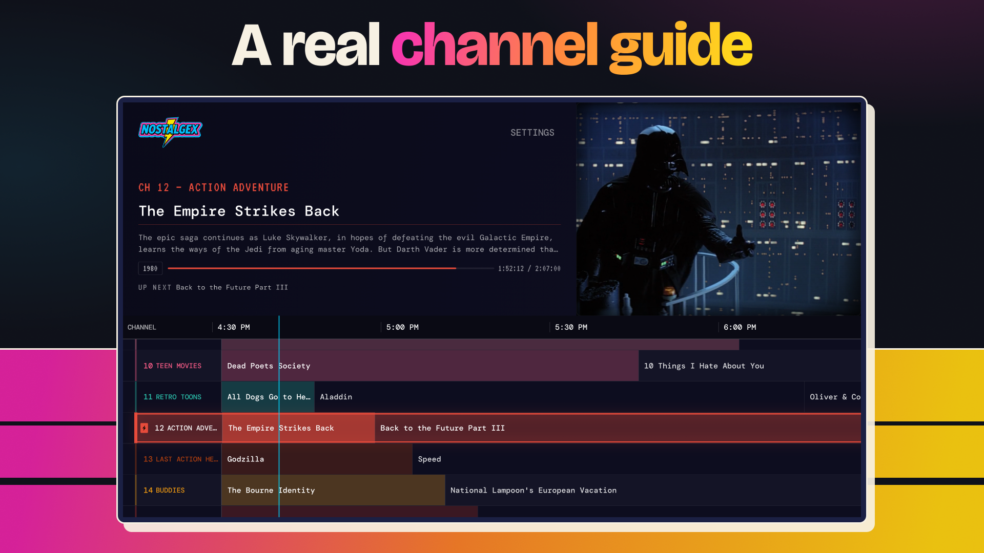 The Nostalgex channel guide on Apple TV, with CH 12 Action Adventure playing The Empire Strikes Back and a grid of channels and showtimes below